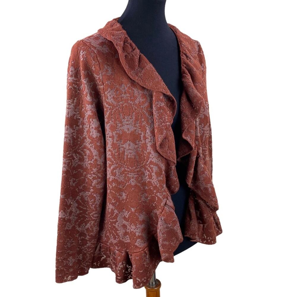 Chico’s Womens Floral Knit Ruffle Drape Neck Cardigan Size L/12